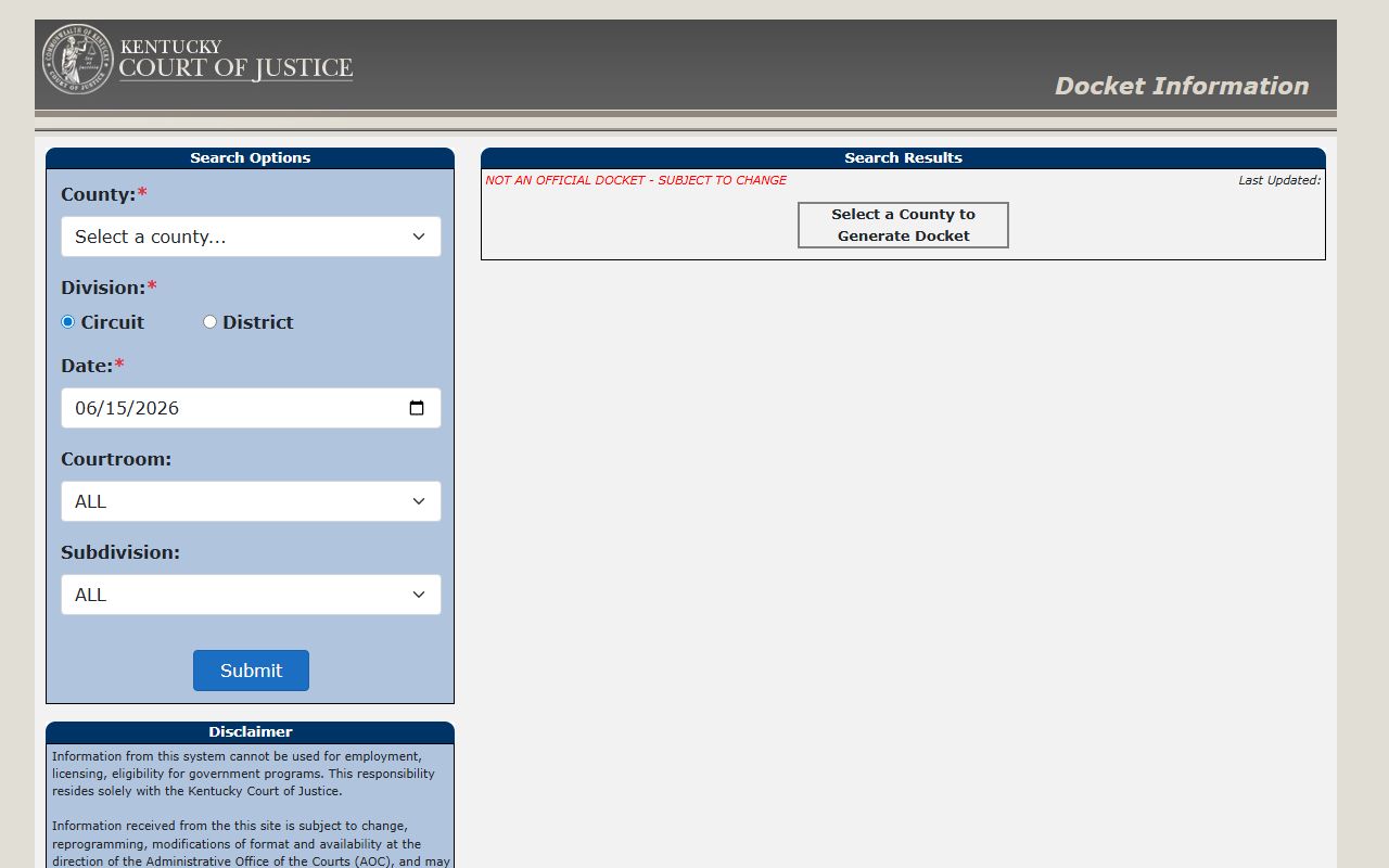 Kentucky court dockets portal for Madison County court records after arrest